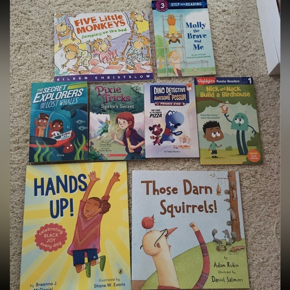 Lot bundle 8 books- five monkeys, secret explorers, pixie tricks, dino detective